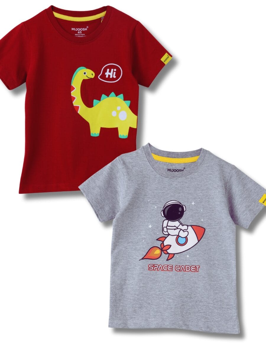 "Fuel your child’s curiosity with the Boys' T-Shirt in Grey Melange or Winery Red, featuring a playful Space Cadet or Hi Dino touch-and-feel print. Crafted from 160 GSM bio-washed cotton jersey, this tee provides a soft, breathable fit for all-day wear. Ideal for boys aged 2-6, it combines fun and comfort, perfect for casual outings and playtime."