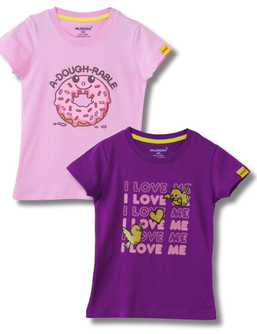 Girls T-Shirt Cotton Bonbon Pink / Sparking Grape Violet, Soft Cotton, Ages 2-6 (2pcs pack)