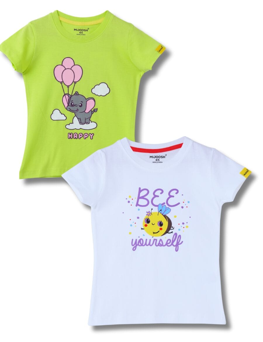 Girls T-Shirt Cotton White / Acid Lime Green, Soft Cotton, Ages 2-6 (2pcs pack)