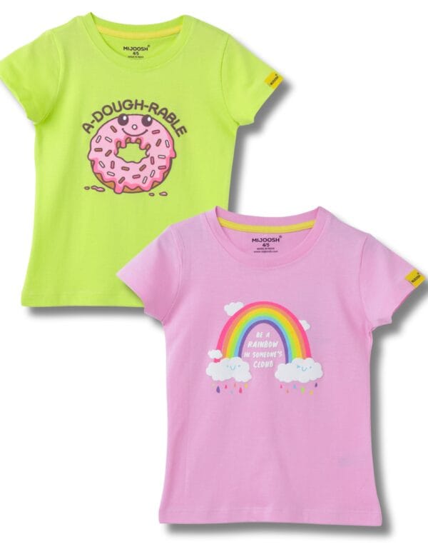 Girls T-Shirt Cotton Bonbon Pink / Acid Lime Green, Soft Cotton, Ages 2-6 (2pcs pack)