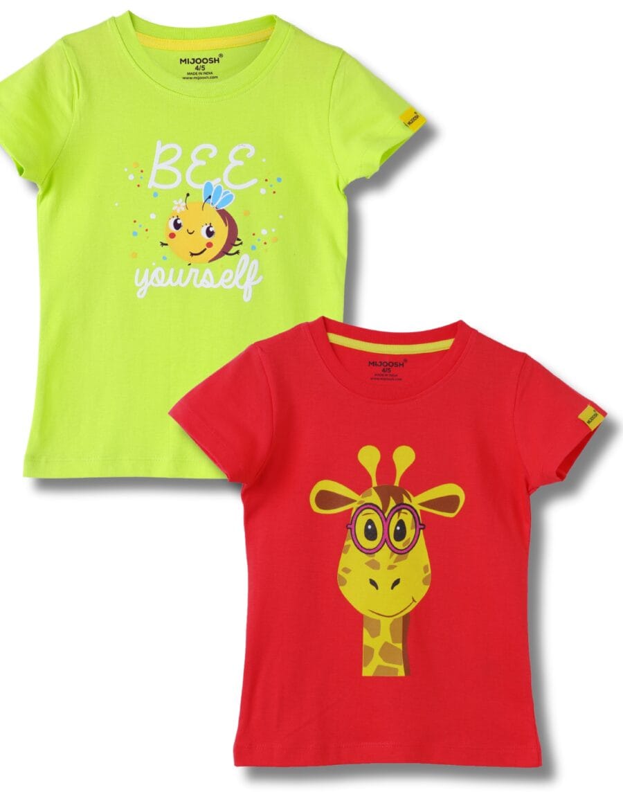 Girls T-Shirt Cotton Hibiscus Red / Acid Lime Green, Soft Cotton, Ages 2-6 (2pcs pack)