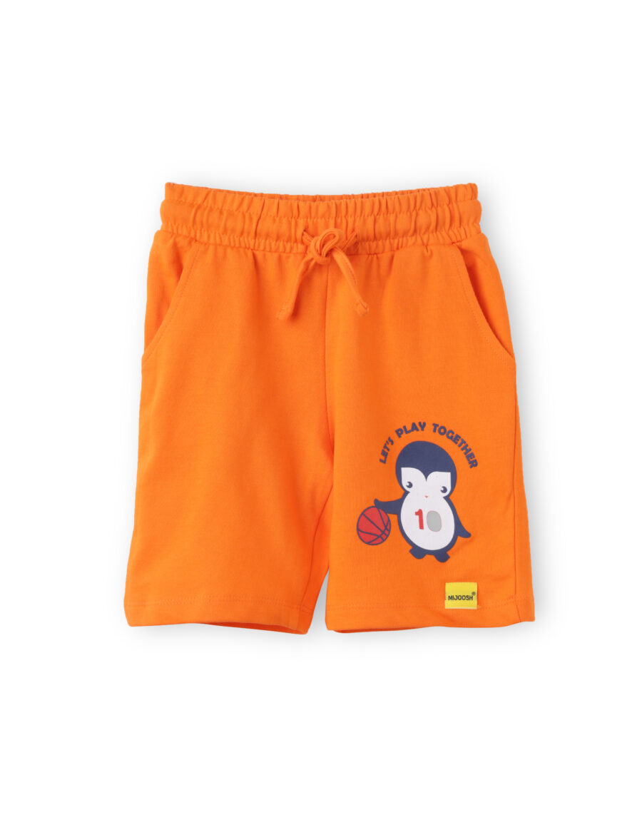 Boys Shorts Cotton French Terry Scarlet Ibis Orange Baby Penguin