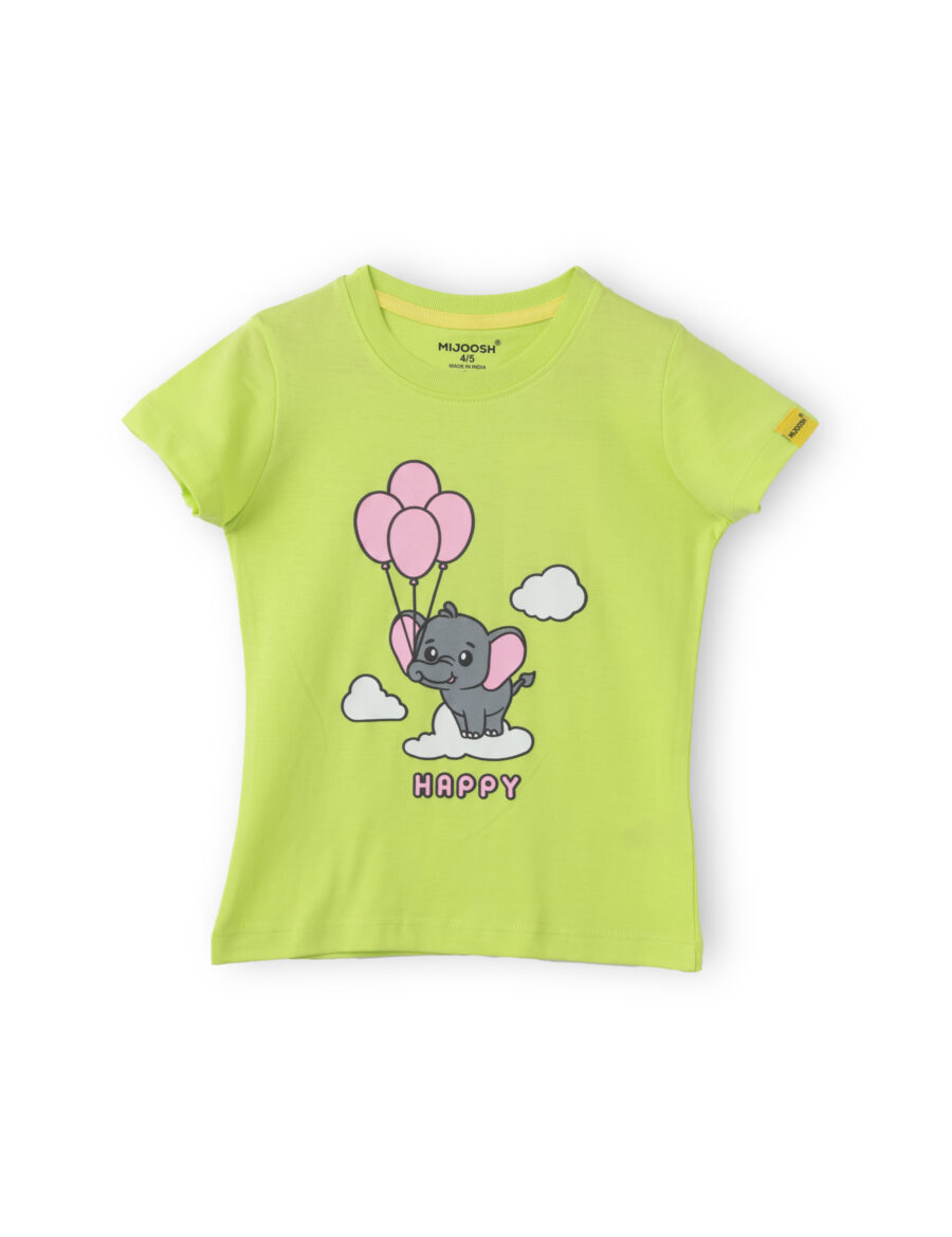 Girls T shirt Cotton Acid Lime Green Happy Baby Elephant