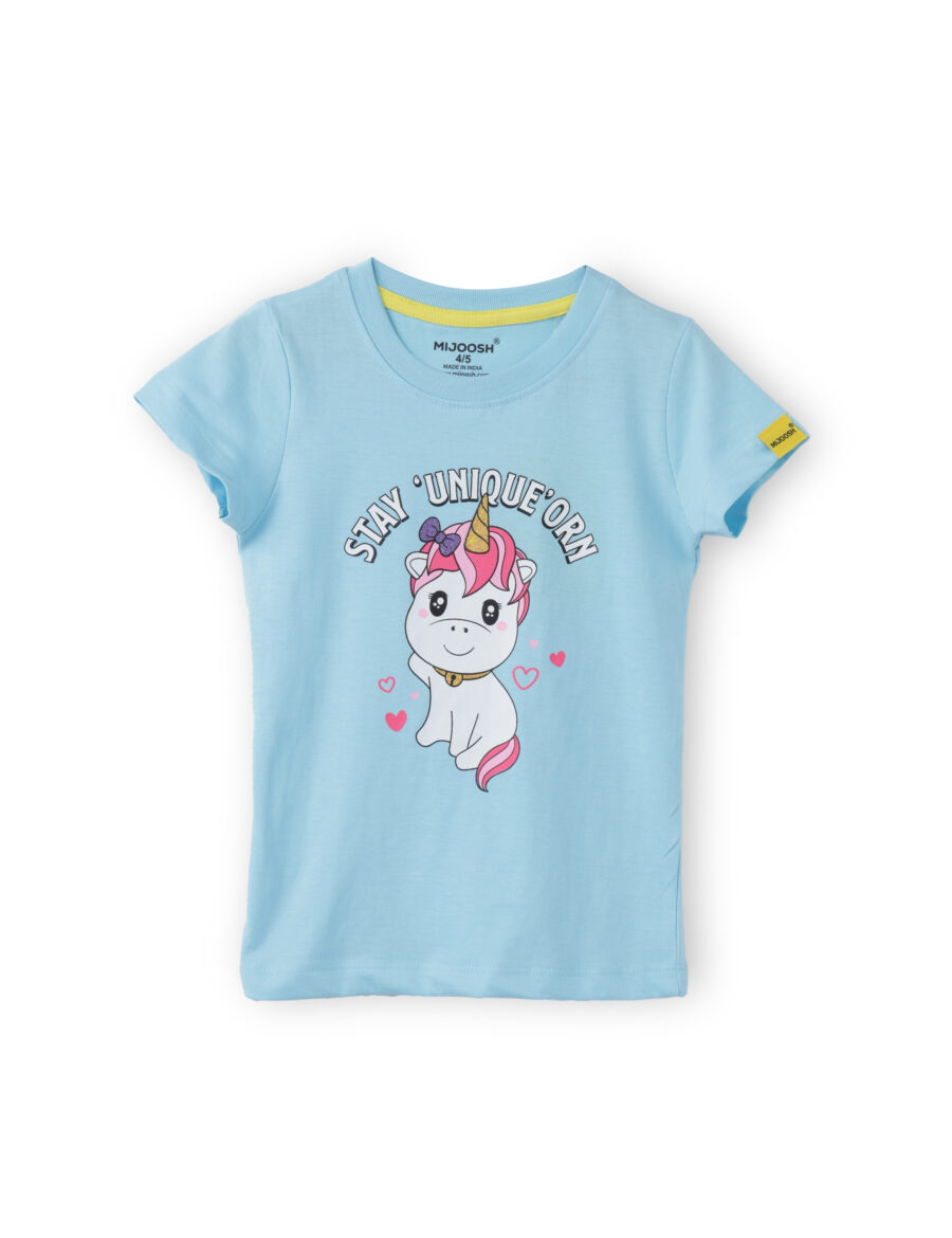 Girls T shirt Cotton atomizer Blue Cute Unicorn