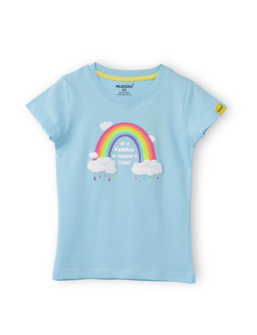 Girls T shirt Cotton Atomizer Blue Rainbow and Cloud print