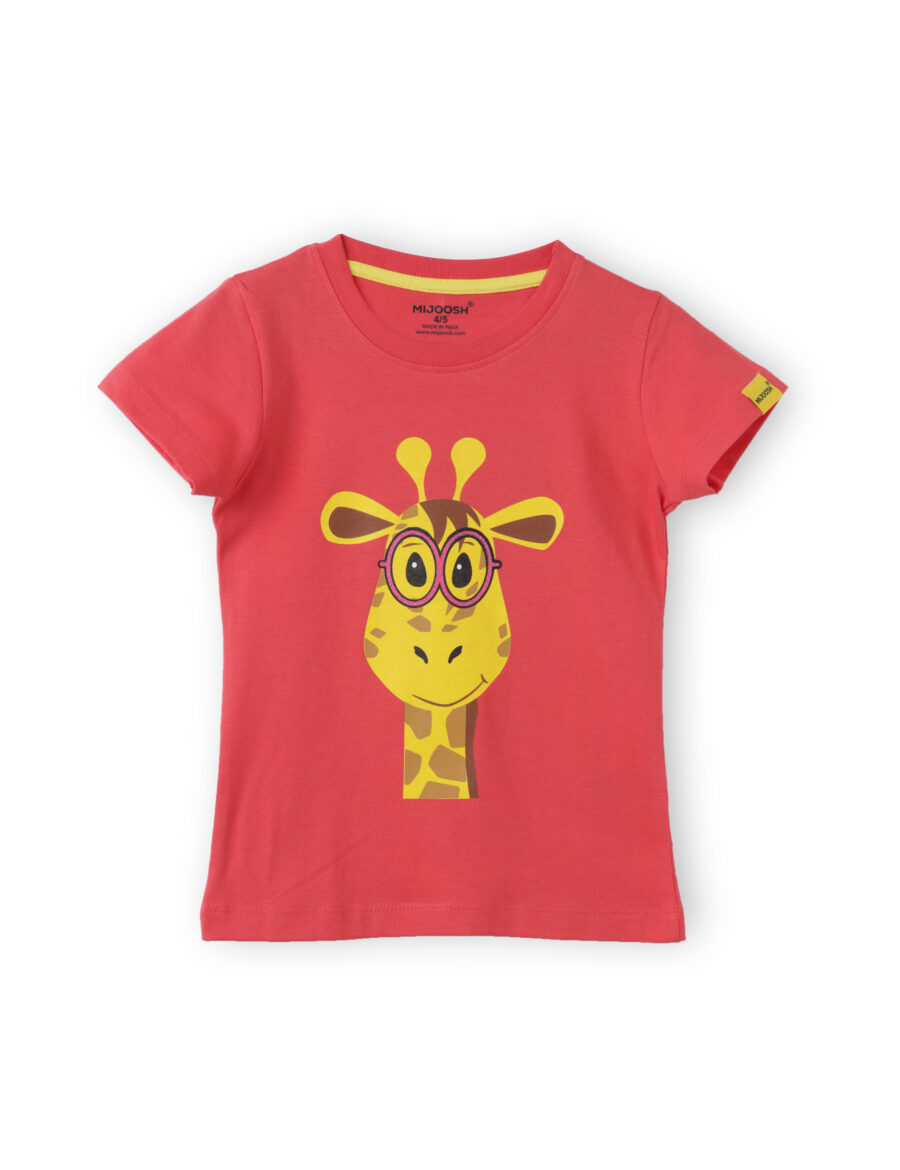 Girls T shirt Cotton Hibiscus Red Giraffe