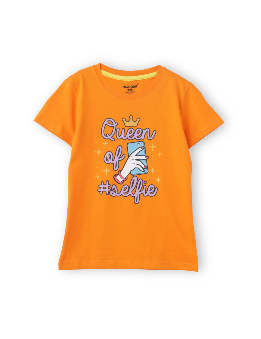 Girls T shirt Cotton Vibrant Orange Queen of Selfie