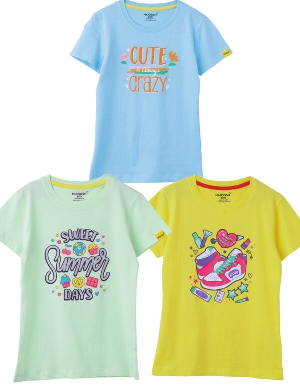 Girls’ T-Shirt Blazing Yellow, Patina Green, Atomizer Blue, Touch & Feel, Ages 7-14 (3 Pcs Pack)