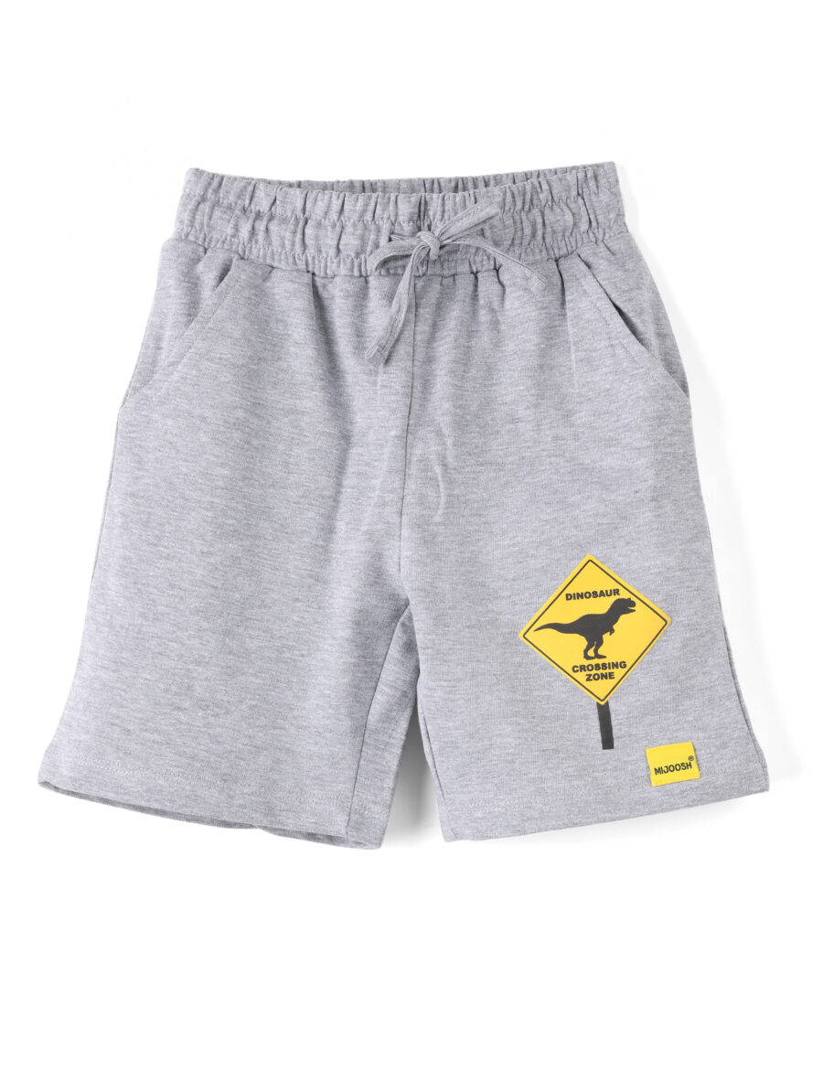 Boys Shorts Cotton French Terry Grey Heather Melange Dino Crossing Zone