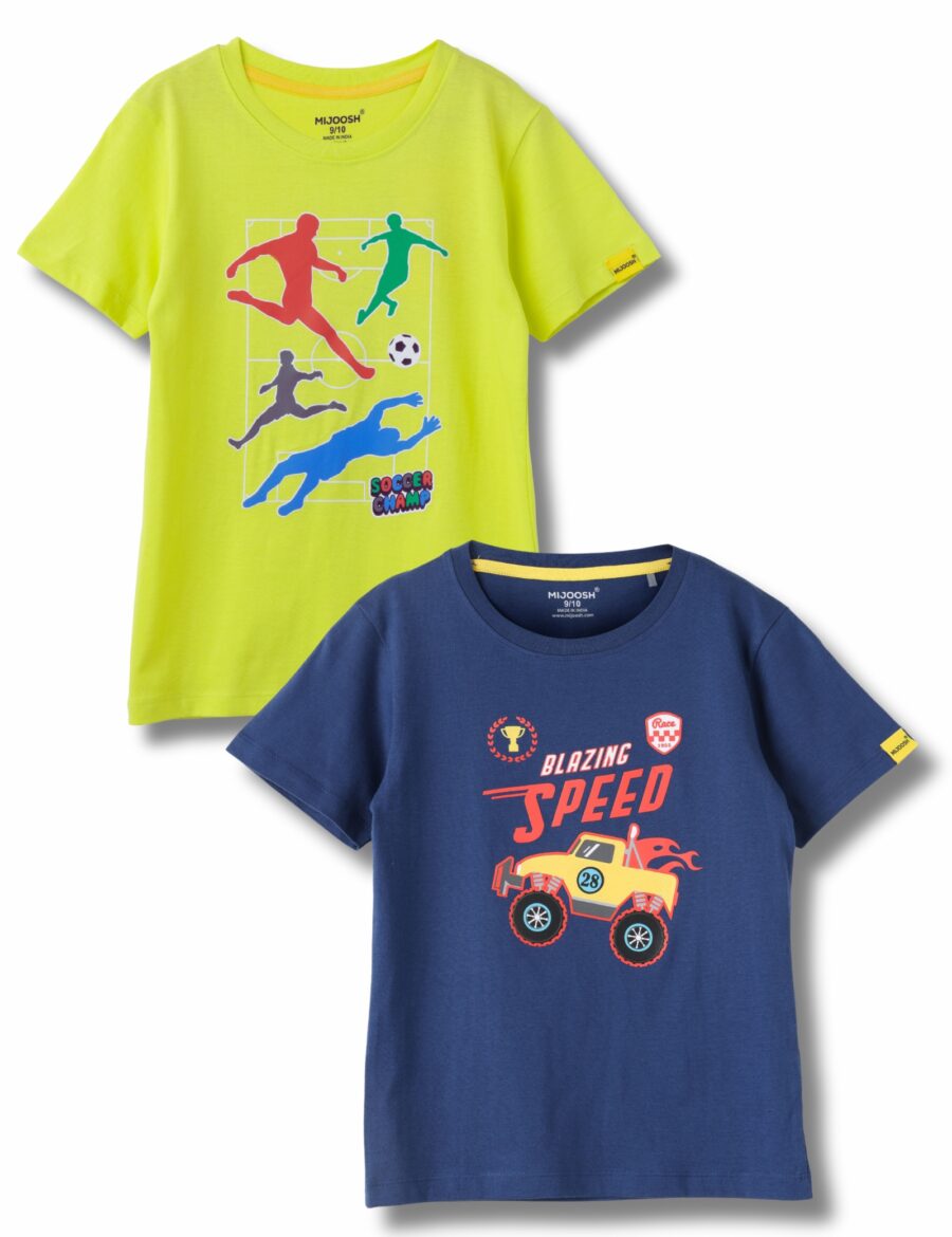 Boys T-Shirt Estate Blue / Sulphur Spring Lime, Soft Cotton, Ages 7-14 (2pcs pack)