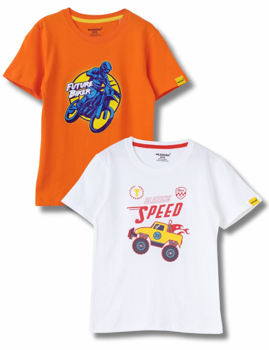 Boys T-Shirt White / Scarlet Ibis Orange, Soft Cotton, Ages 7-14 (2pcs pack)