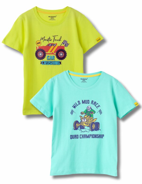 Boys T-Shirt Sulphur Spring Lime / Biscay Green, Soft Cotton, Ages 7-14 (2pcs pack)