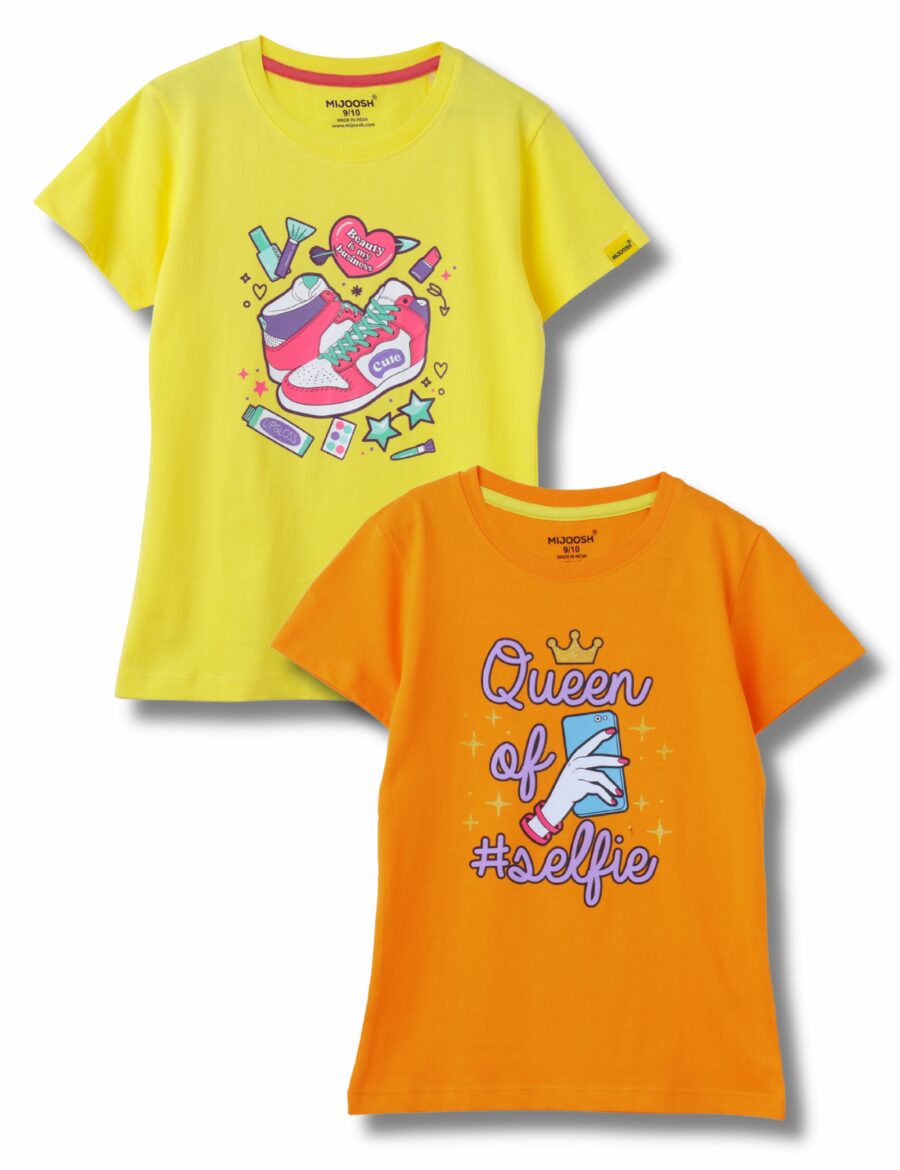 Girls T-Shirt Blazing Yellow / Vibrant Orange, Soft Cotton, Ages 7-14 (2pcs pack)