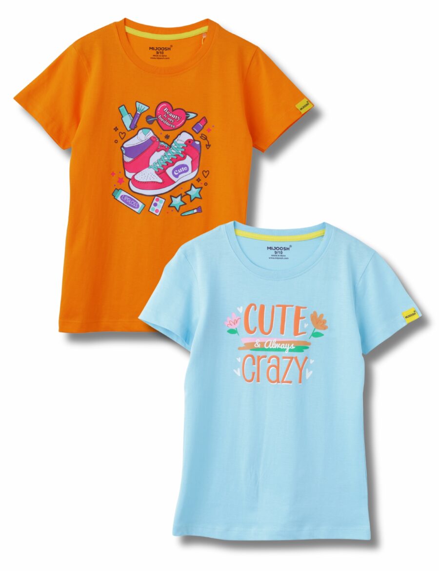 Girls T-Shirt Vibrant Orange / Atomizer Blue, Soft Cotton, Ages 7-14 (2pcs pack)