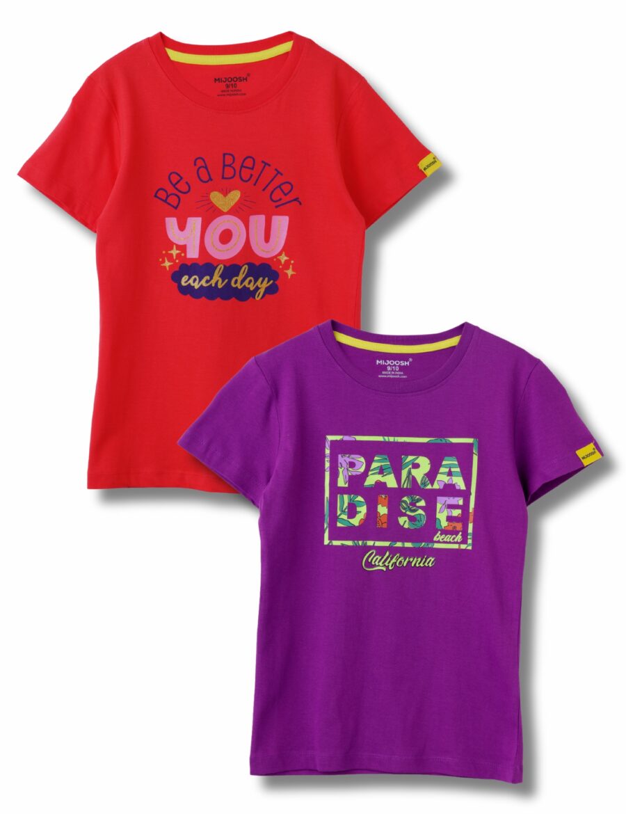 Girls T-Shirt Hibiscus Red / Sparking Grape Violet, Soft Cotton, Ages 7-14 (2pcs pack)