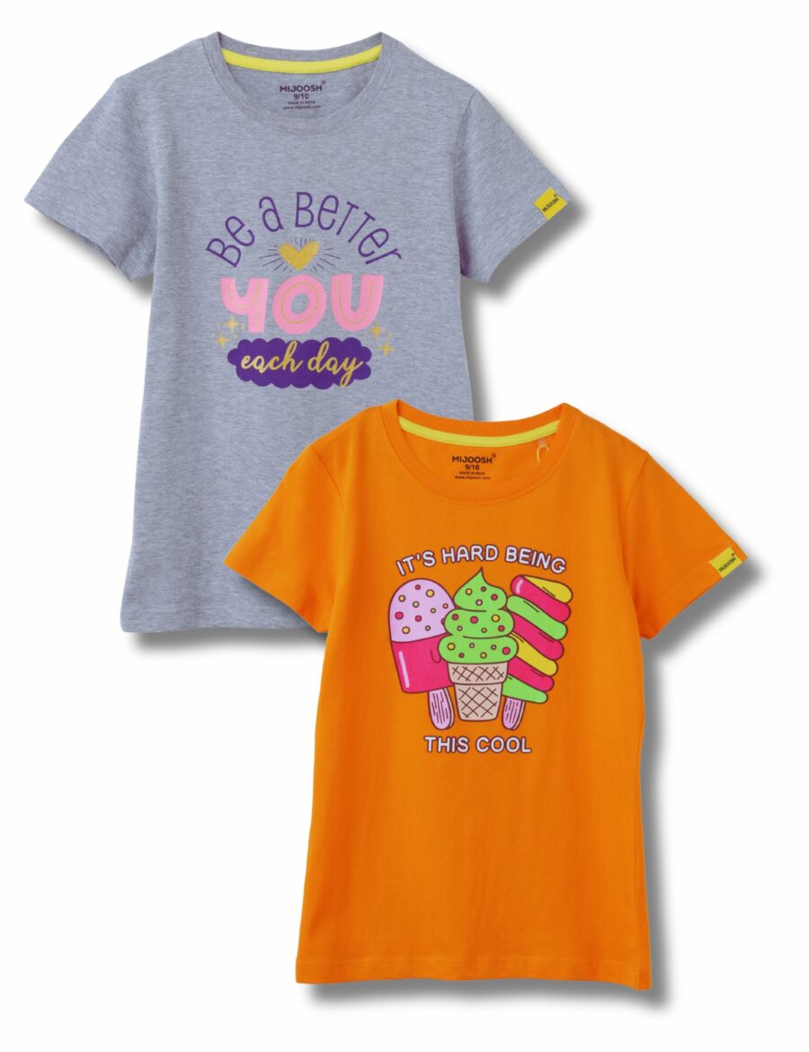 Girls T-Shirt Grey Heather Mélange / Vibrant Orange, Soft Cotton, Ages 7-14 (2pcs pack)