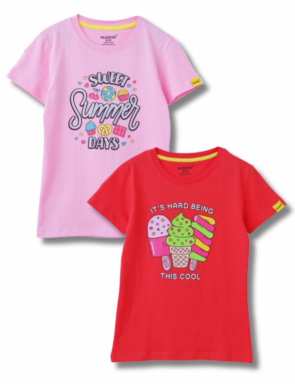 Girls T-Shirt Hibiscus Red / Bonbon Pink, Soft Cotton, Ages 7-14 (2pcs pack)