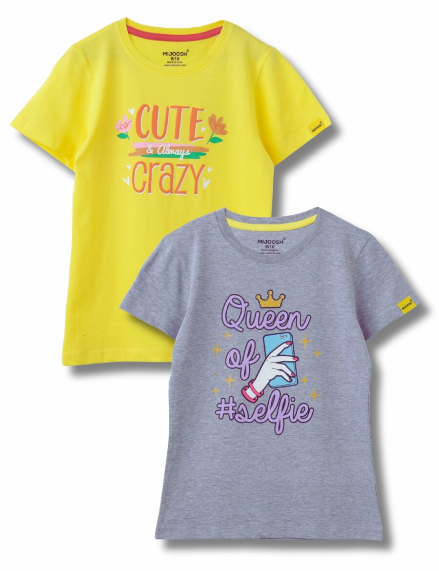 Girls T-Shirt Blazing Yellow / Grey Heather Mélange, Soft Cotton, Ages 7-14 (2pcs pack)