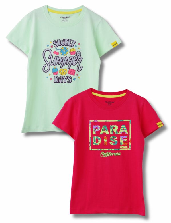 Girls T-Shirt Patina Green / Bright Rose Pink, Soft Cotton, Ages 7-14 (2pcs pack)