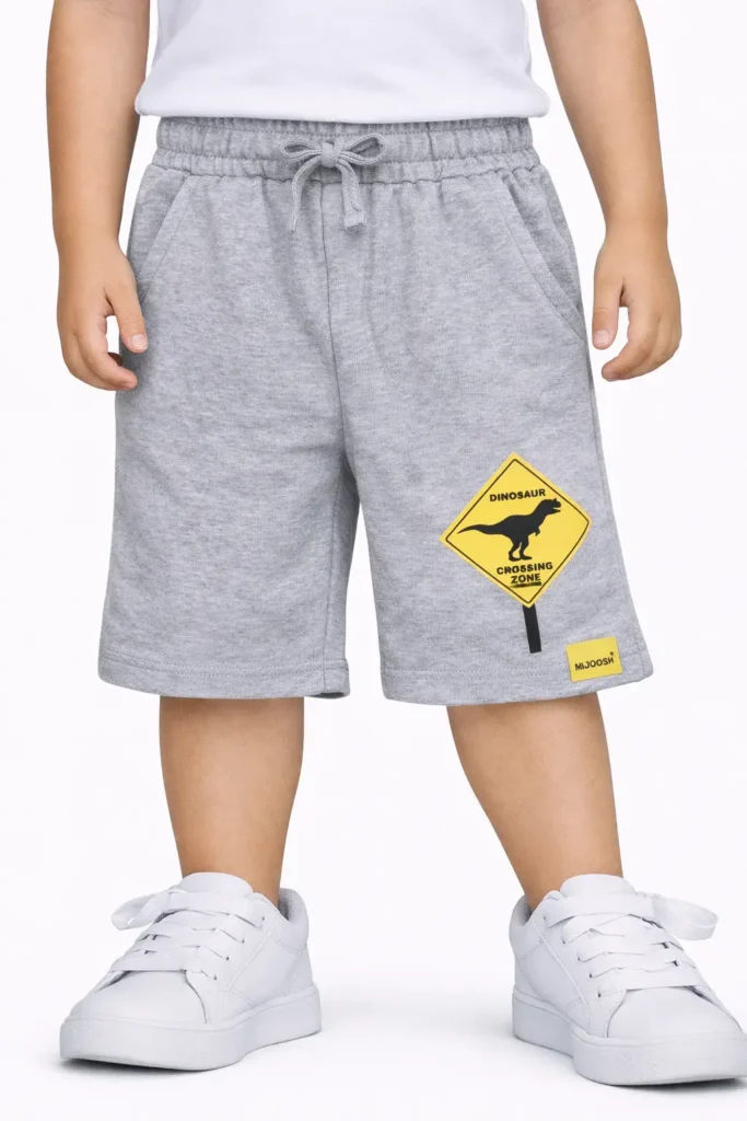 Boys Cotton Shorts with Dino Crossing Print | Grey Heather | Ages 2-6 | Mijoosh