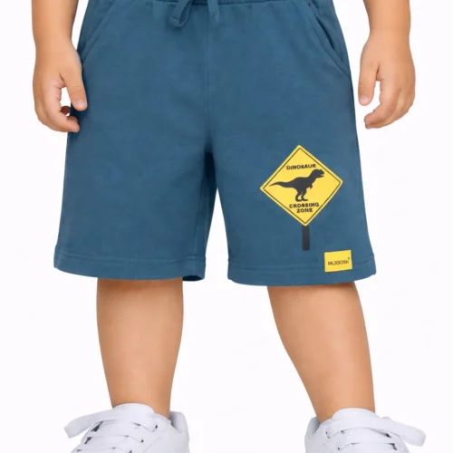 Boys Cotton Shorts with Dino Crossing Print | Blue Coral | Ages 2-6 | Mijoosh