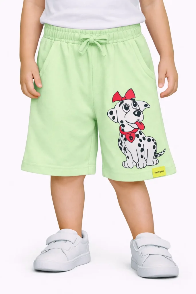 Girls Cotton Shorts | Cute Dog | Green | 2-6Y