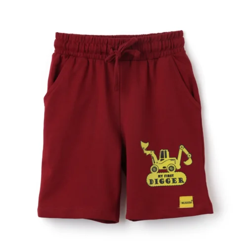 Boys Cotton Shorts with Mini Digger Print | Winery Red | Ages 2-6 | Mijoosh
