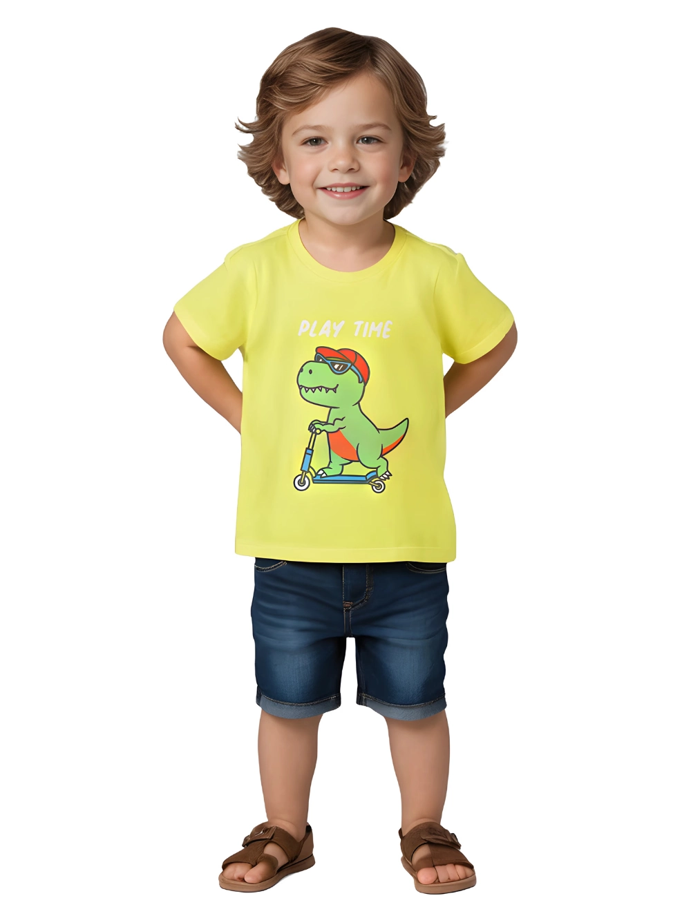 Boys Cotton T-Shirt | Skating Dino | Lime | 2-6Y