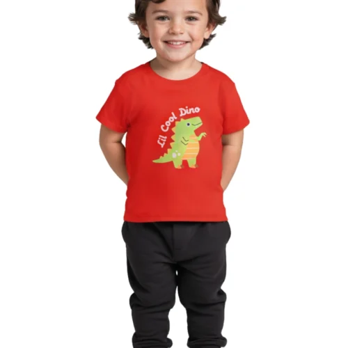Boys Cotton T-Shirt | Lil Cool Dino | Fiery Red | 2-6Y