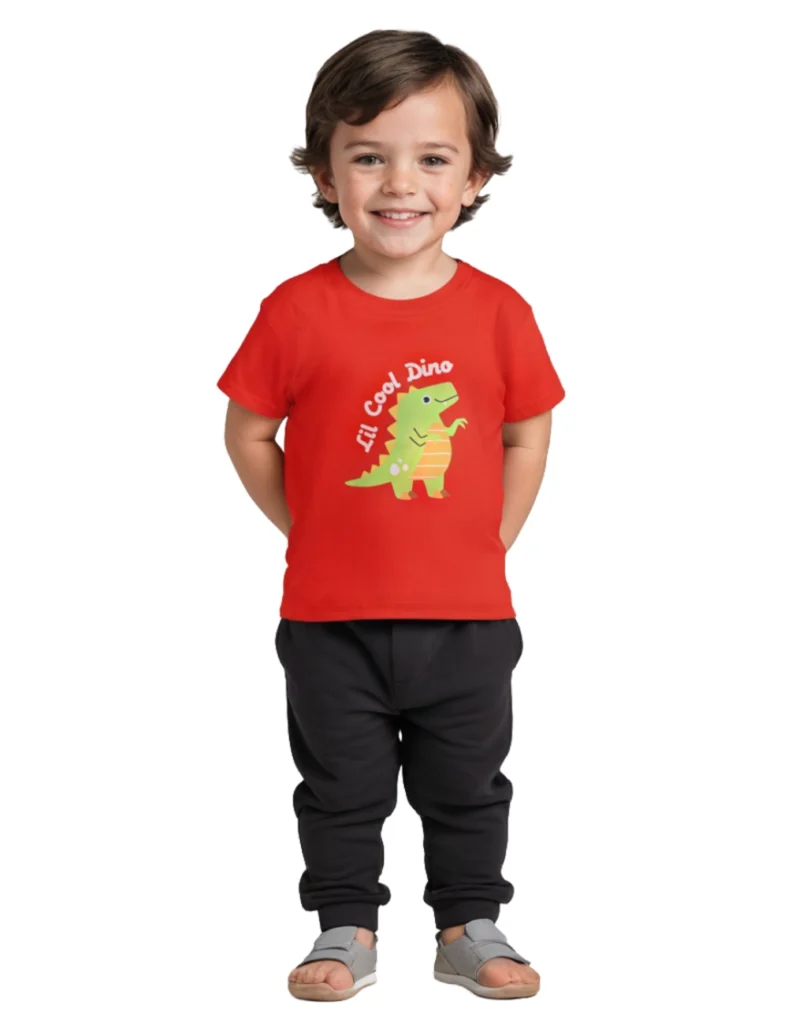Boys Cotton T-Shirt | Lil Cool Dino | Fiery Red | 2-6Y