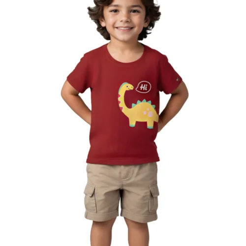 Boys Cotton T-Shirt | Hi Dino | Winery Red | 2-6Y