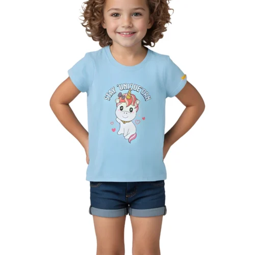 Girls Cotton T-Shirt | Cute Unicorn | Atomizer Blue | 2-6Y