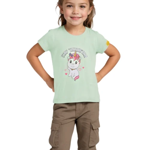 Girls Cotton T-Shirt | Cute Unicorn | Patina Green | 2-6Y