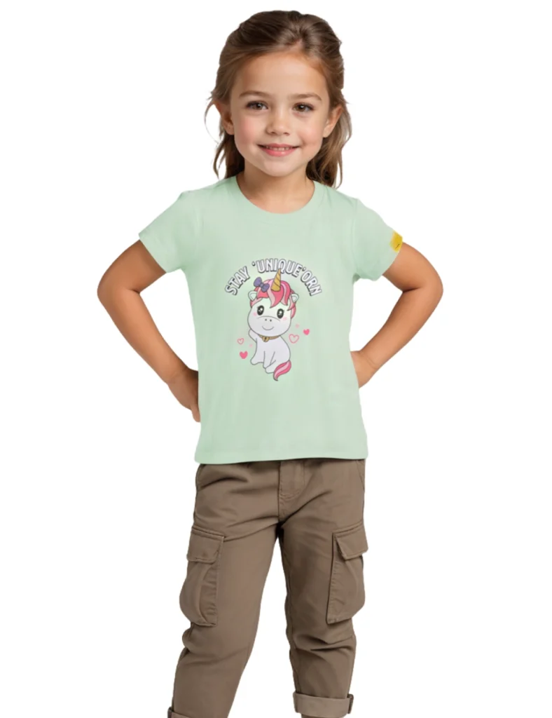 Girls Cotton T-Shirt | Cute Unicorn | Patina Green | 2-6Y