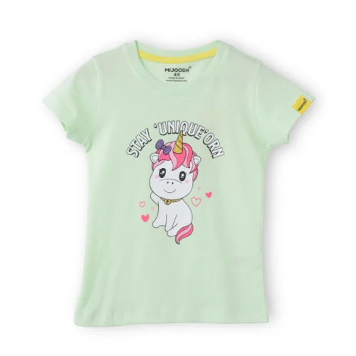 Girls Cotton T-Shirt | Cute Unicorn | Patina Green | 2-6Y