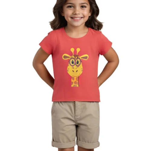Girls Cotton T-Shirt | Giraffe | Hibiscus Red | 2-6Y