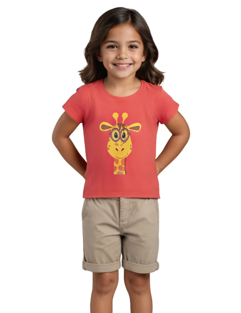Girls Cotton T-Shirt | Giraffe | Hibiscus Red | 2-6Y