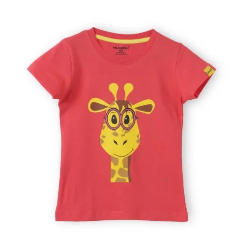 Girls Cotton T-Shirt | Giraffe | Hibiscus Red | 2-6Y