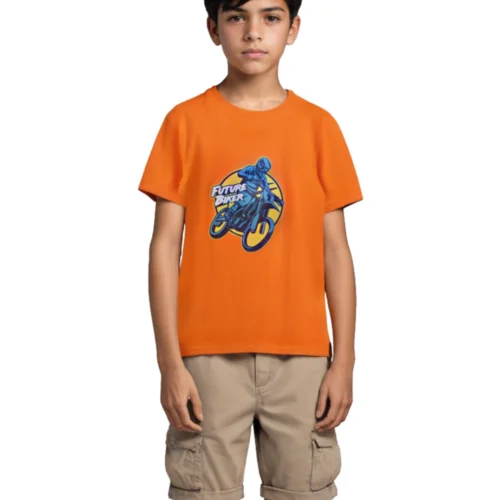 Boys Cotton T-Shirt | Future Biker | Scarlet Ibis Orange | 7-14Y