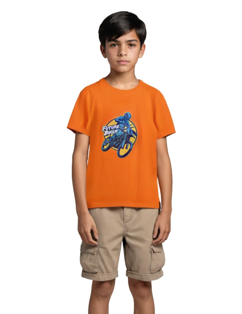 Boys Cotton T-Shirt | Future Biker | Scarlet Ibis Orange | 7-14Y
