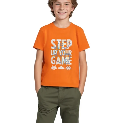Boys Cotton T-Shirt | Step Your Game | Scarlet Ibis Orange | 7-14Y