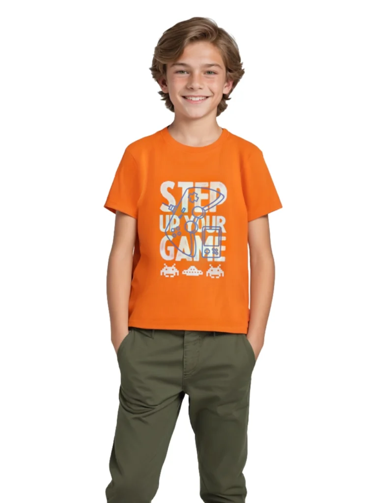 Boys Cotton T-Shirt | Step Your Game | Scarlet Ibis Orange | 7-14Y