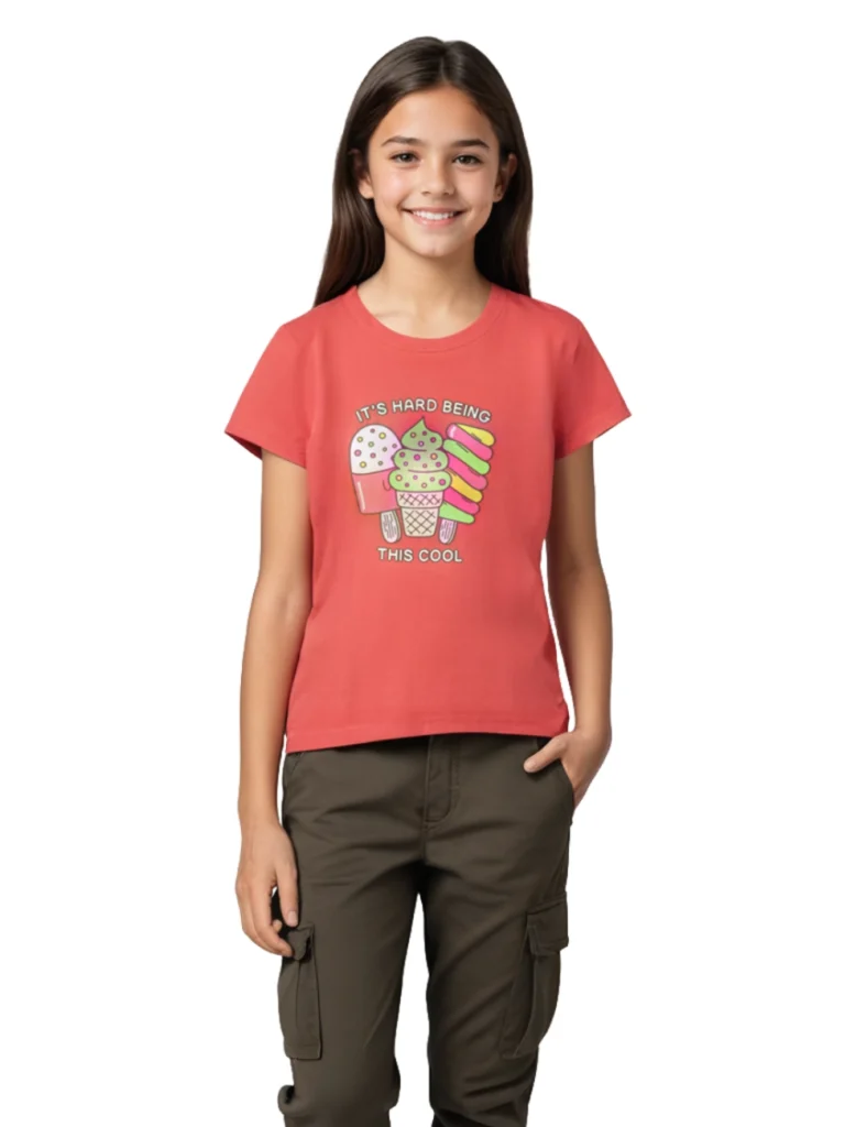 Girls Cotton T-Shirt | Cool Ice Creams | Hibiscus Red | 7-14Y