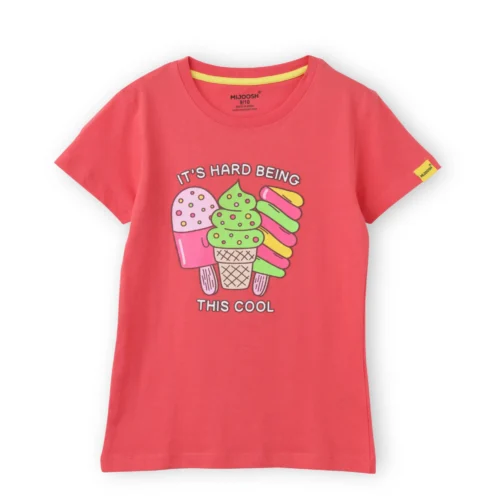 Girls Cotton T-Shirt | Cool Ice Creams | Hibiscus Red | 7-14Y