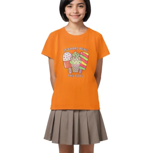 Girls Cotton T-Shirt | Cool Ice Creams | Vibrant Orange | 7-14Y