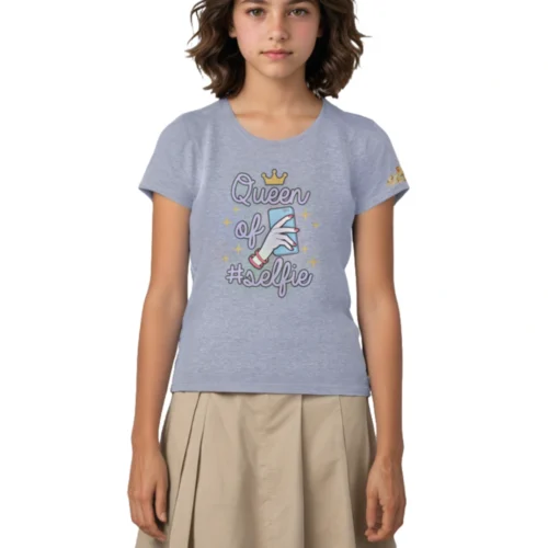 Girls Cotton T-Shirt | Queen of Selfie | Grey Heather | 7-14Y