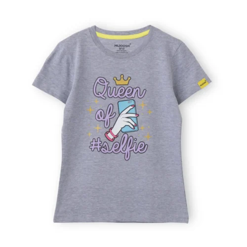 Girls Cotton T-Shirt | Queen of Selfie | Grey Heather | 7-14Y