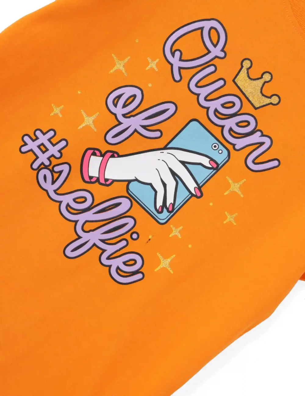 Girls Cotton T-Shirt | Queen of Selfie | Vibrant Orange | 7-14Y