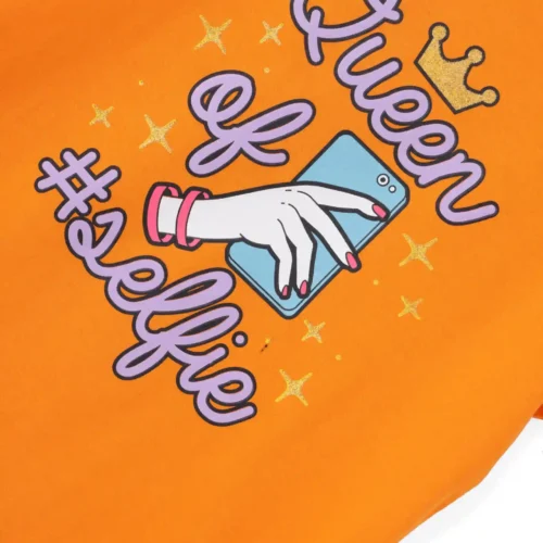Girls Cotton T-Shirt | Queen of Selfie | Vibrant Orange | 7-14Y