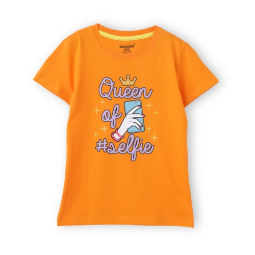 Girls Cotton T-Shirt | Queen of Selfie | Vibrant Orange | 7-14Y